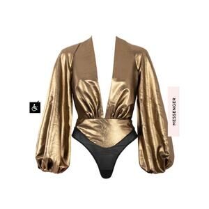HOUSE OF CB/ Vittoria Metallic Liquid Gold Balloon Sleeve Thong Sexy Bodysuit